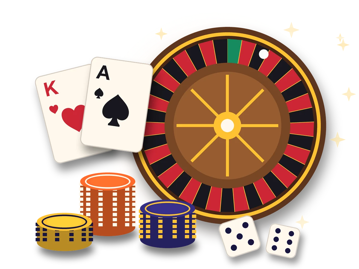 Roulette wheel, casino chips, playing cards and dice